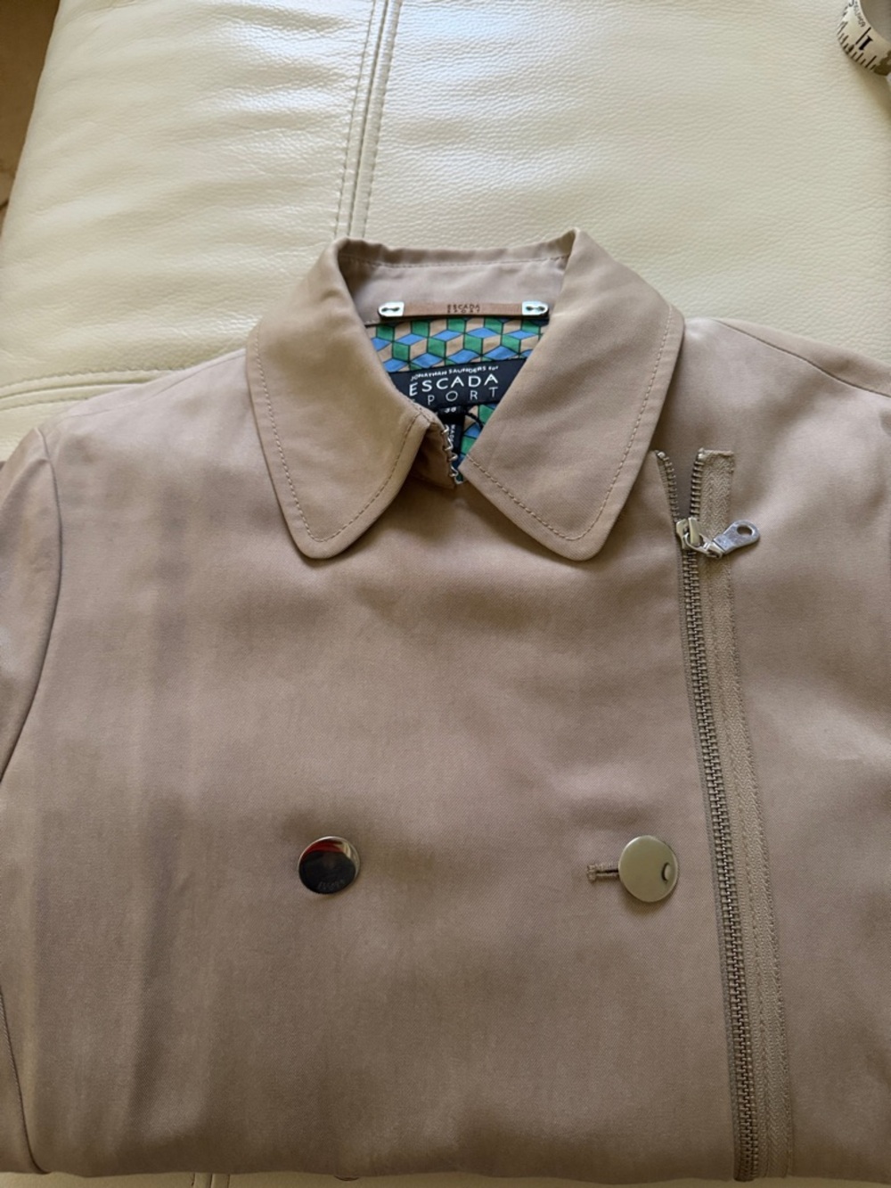 Escada Taupe  Double-Breasted Coat with Gold Buttons